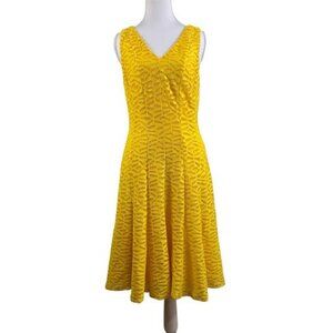 Calvin Klein Yellow Mesh Cut Outs Fit And Flare Dress Size 4 V Neck Sleeveless